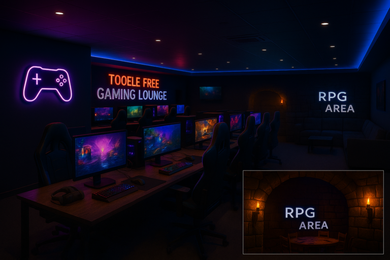 Interior of the Tooele Free Gaming Lounge with neon signage and RPG area
