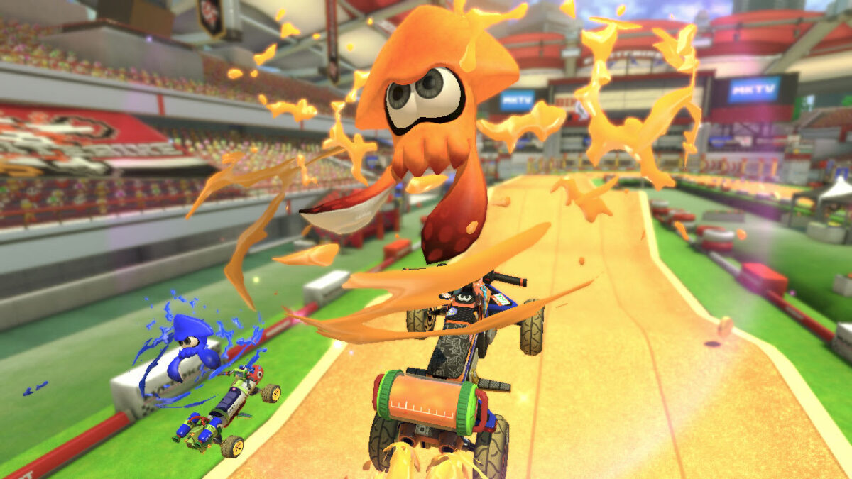 Battle mode scene with balloons and shells flying in Mario Kart
