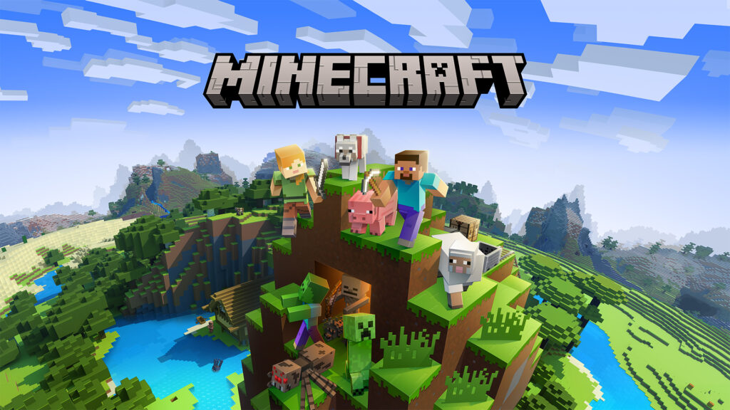 Minecraft hero scene: Steve, Alex, and mobs overlooking a blocky landscape