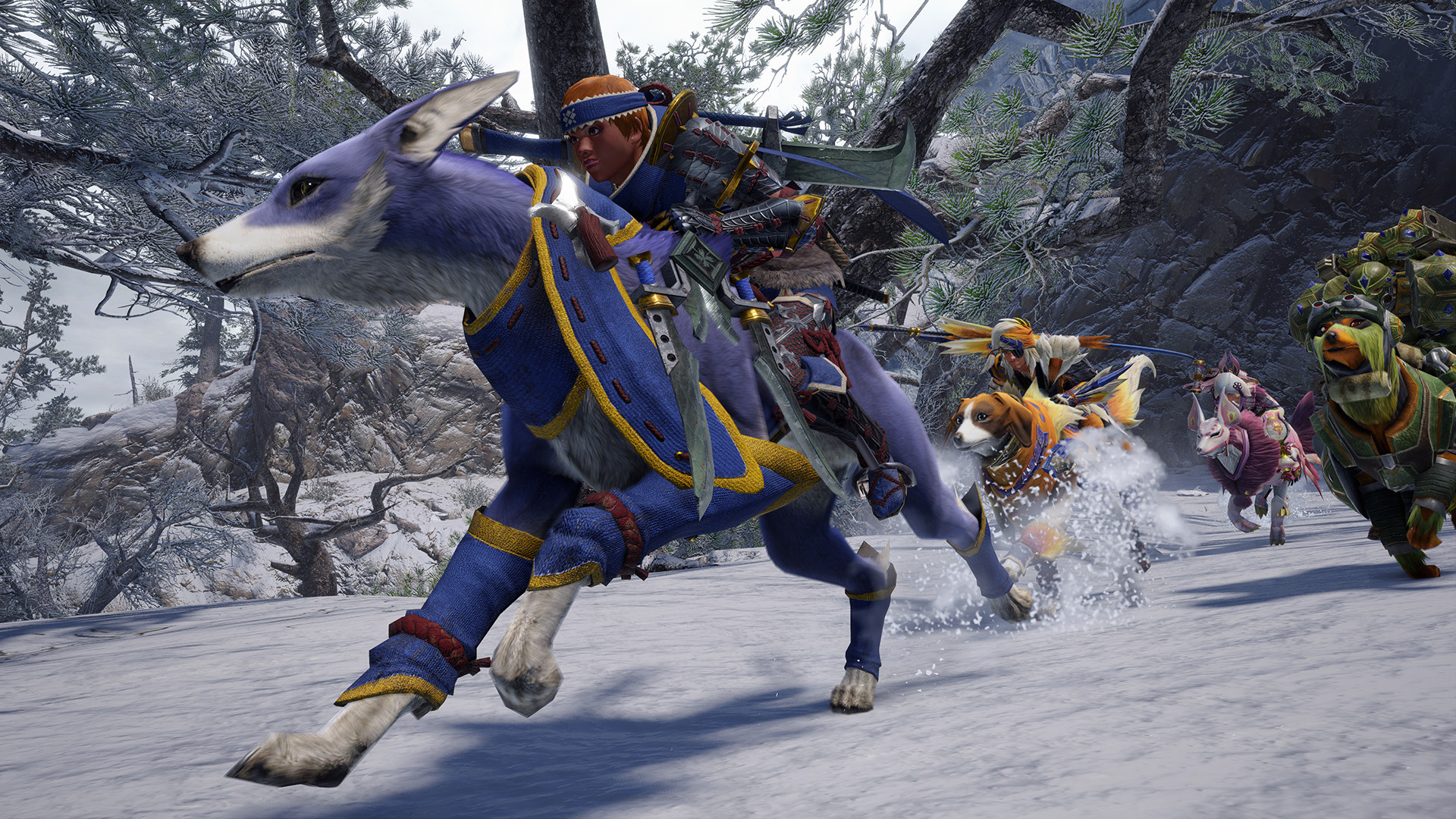 Monster Hunter Rise gameplay: Hunter riding a Palamute through a snowy biome with squad following