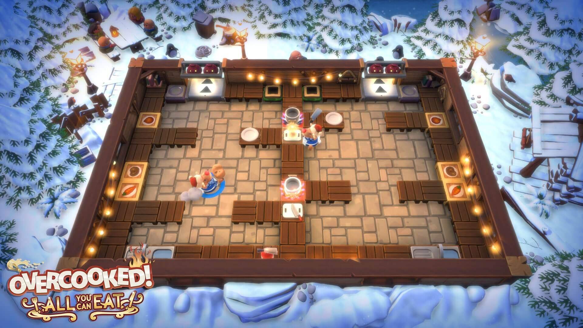 Overcooked! All You Can Eat gameplay: chefs rushing in a winter kitchen