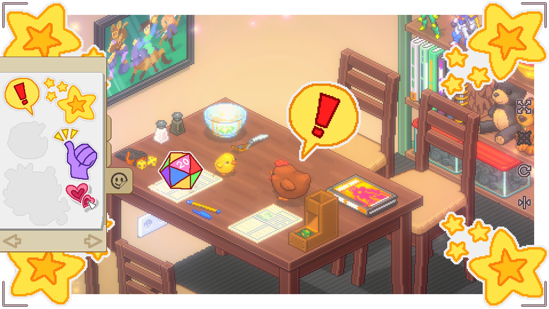Pixel-art dining table scene with stickers and a small chicken figure in Unpacking