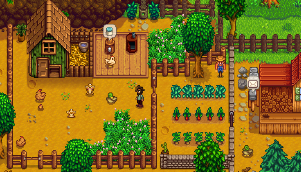 Stardew Valley gameplay: fenced coop, crops, and villagers working the farm