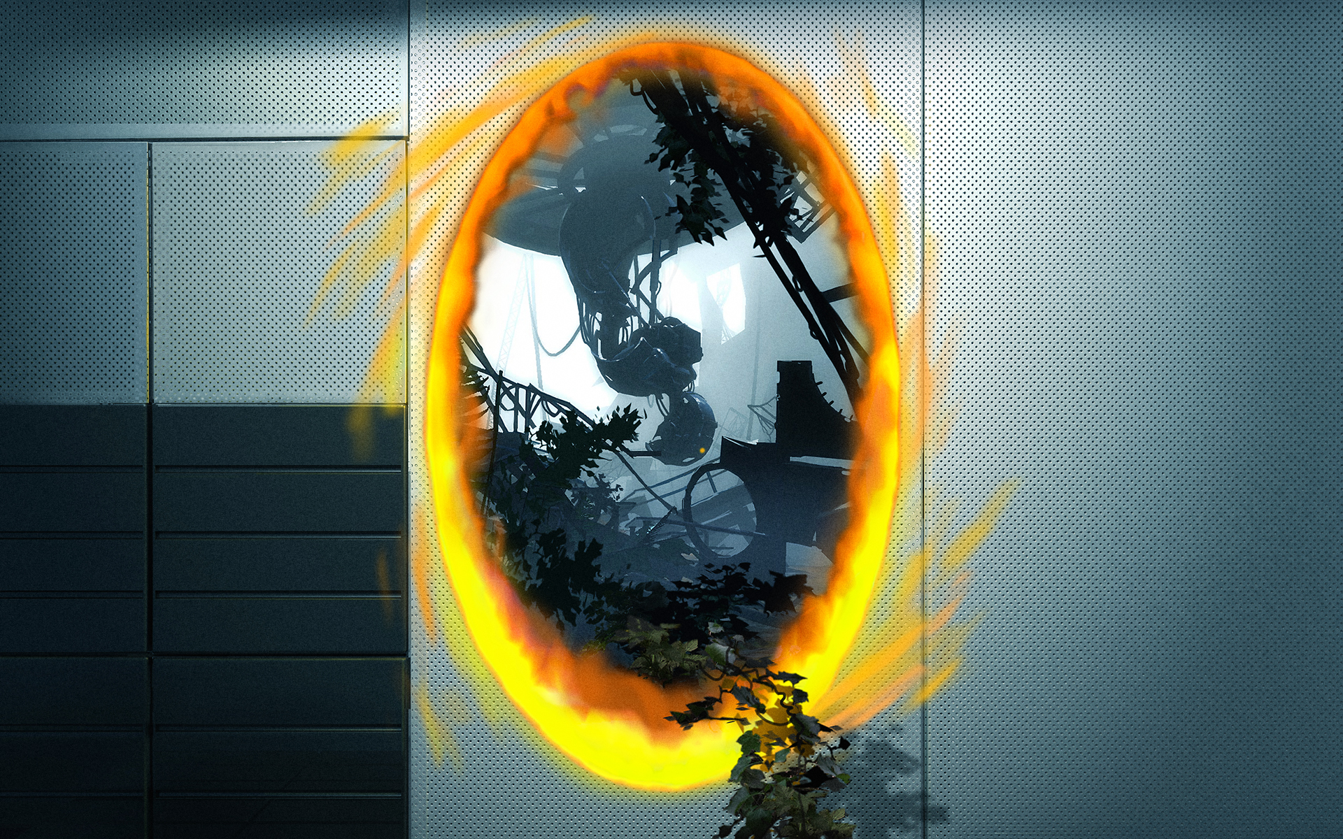 Portal 2: an orange portal revealing test chambers beyond — Aperture vibes