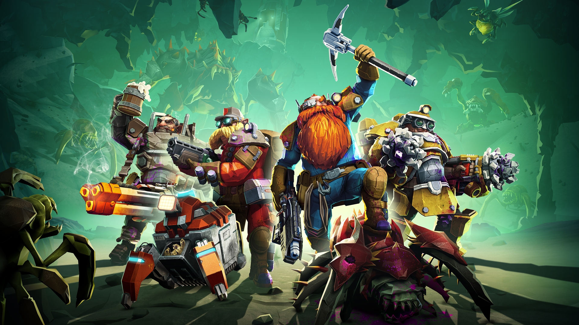 Deep Rock Galactic gameplay: dwarves in a cave on Hoxxes with weapons ready