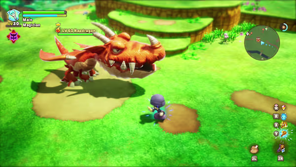 Gameplay still showing a player facing a red dragon on a grassy field in Fantasy Life i