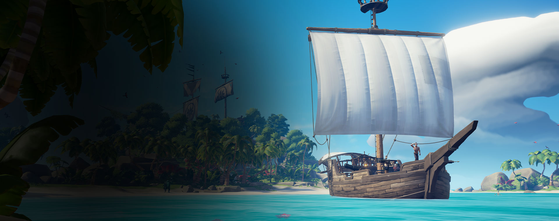 Sea of Thieves sloop sailing past a lush island — crew at the helm