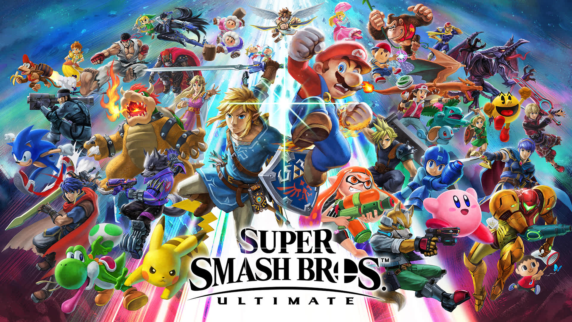 Super Smash Bros. Ultimate—fighters clashing in a roster splash