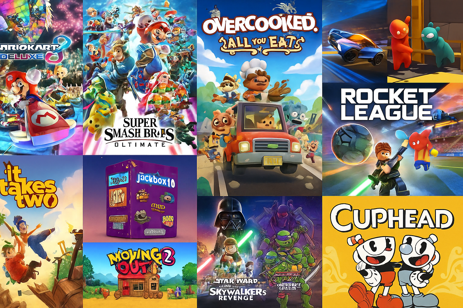 Collage of the best couch co-op games: Mario Kart 8 Deluxe, Smash Ultimate, Overcooked AYCE, Rocket League, Gang Beasts, Party Animals, It Takes Two, Jackbox Party Pack, Moving Out 2, LEGO Star Wars, Cuphead