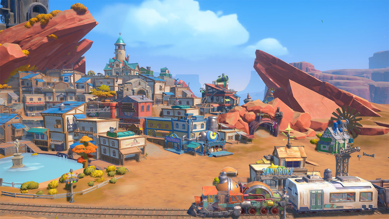 Sandrock marketplace with colorful stalls and townsfolk gathered at sunset