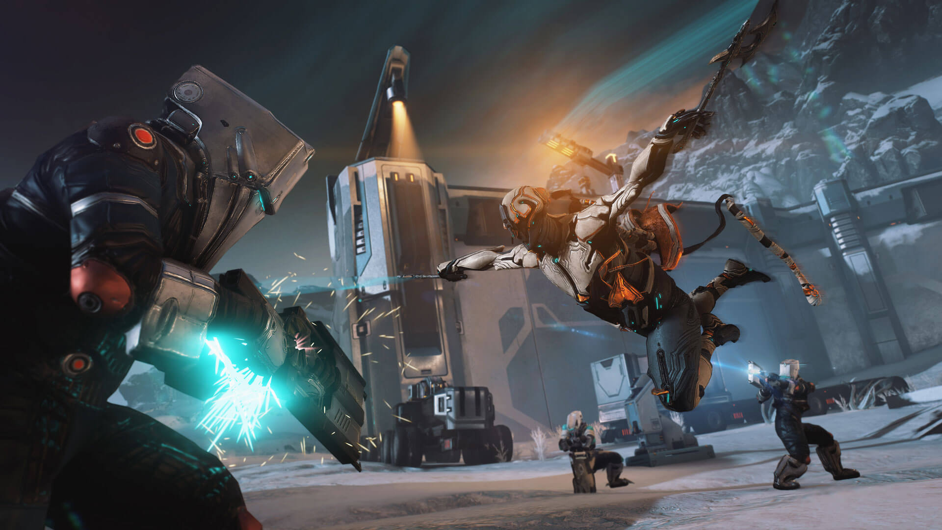 Warframe key art: Tenno Warframes ready for co-op combat in sci-fi setting