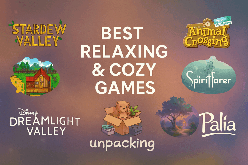 Collage of cozy games including Stardew Valley, Animal Crossing, Spiritfarer, Unpacking, and Palia