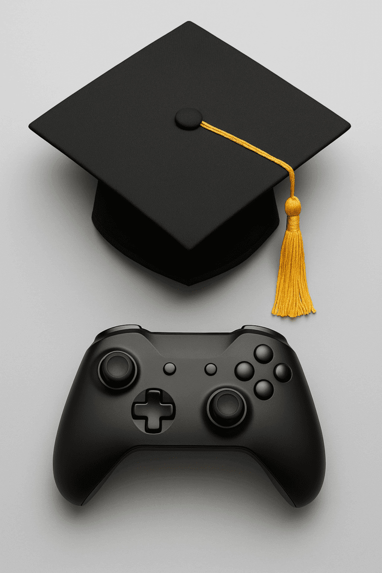 Graduation cap with gold tassel and a gaming controller — symbol of Utah esports scholarships