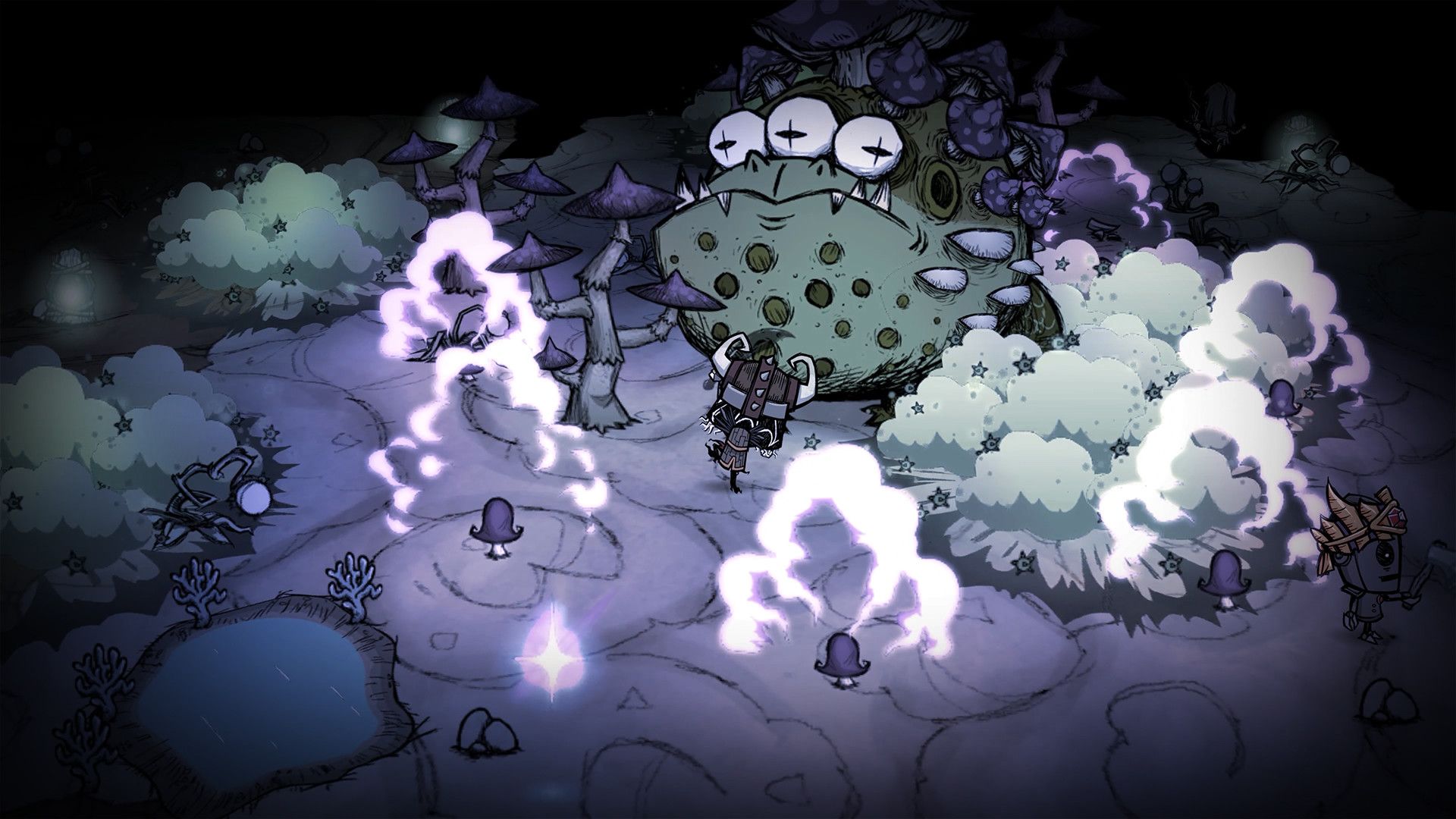 Don’t Starve Together gameplay: cave toad boss encounter with lightning spores