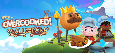 Overcooked All You Can Eat—four chefs scrambling in a chaotic kitchen