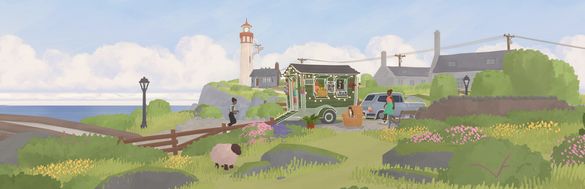 Tiny Bookshop stall set up along a cozy seaside promenade