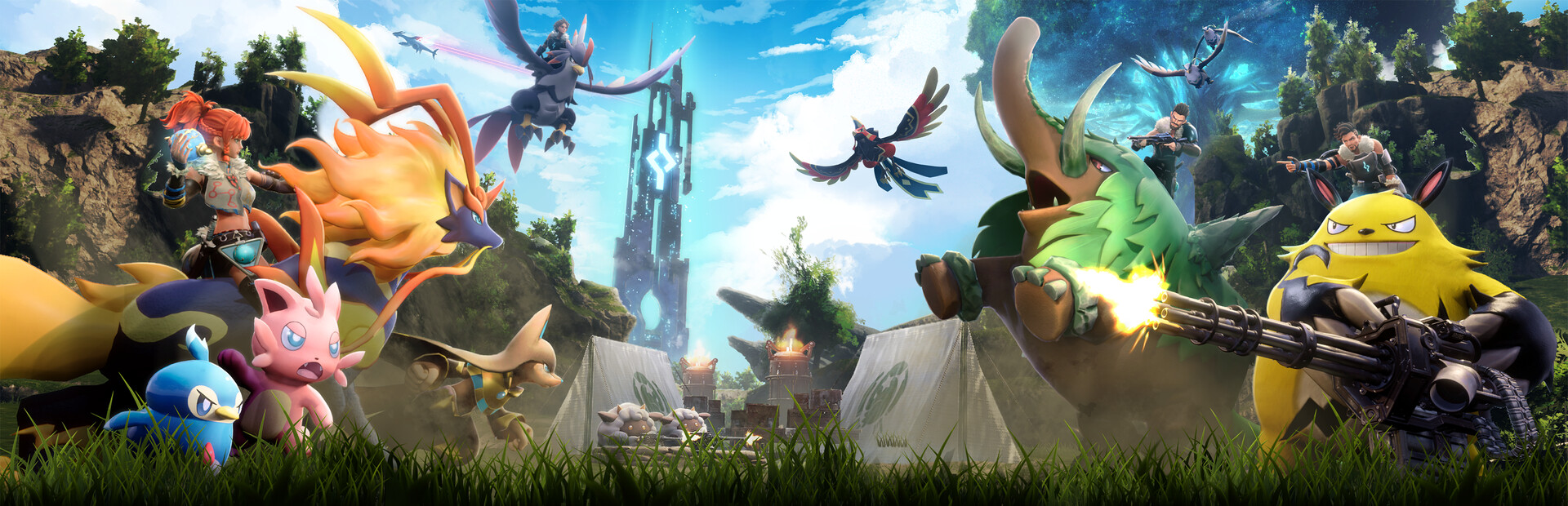 Palworld gameplay screenshot showing player and Pals at a base