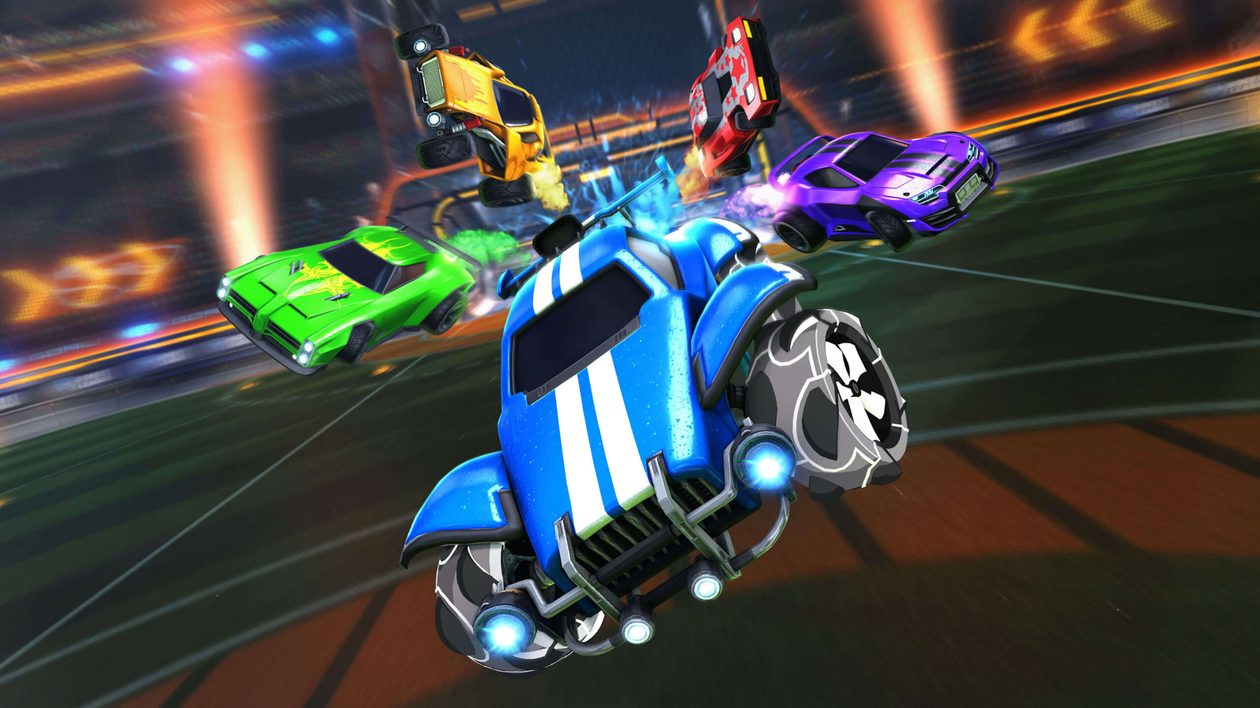Rocket League gameplay: Octane charging toward kickoff with cars flying for an aerial challenge