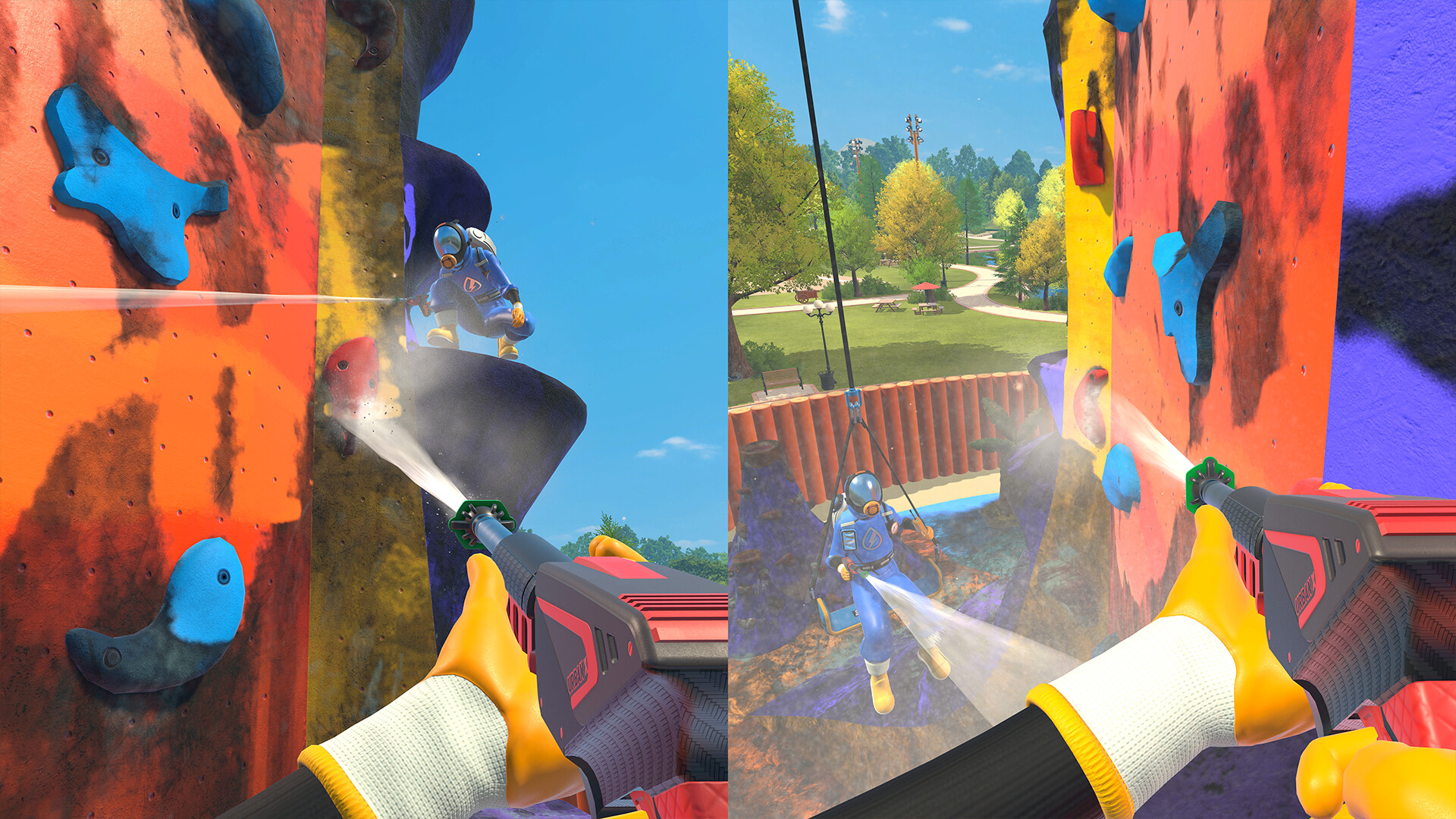 Split-screen co-op washing a colorful indoor climbing wall in PowerWash Simulator 2