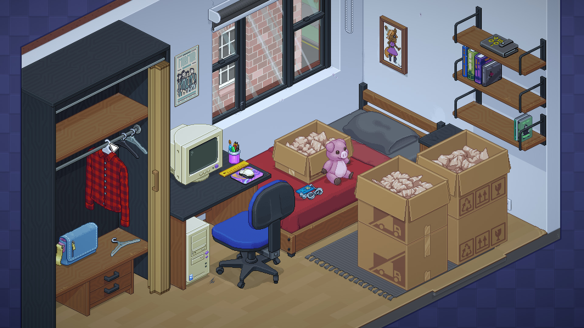 Bedroom scene with moving boxes and shelves in Unpacking