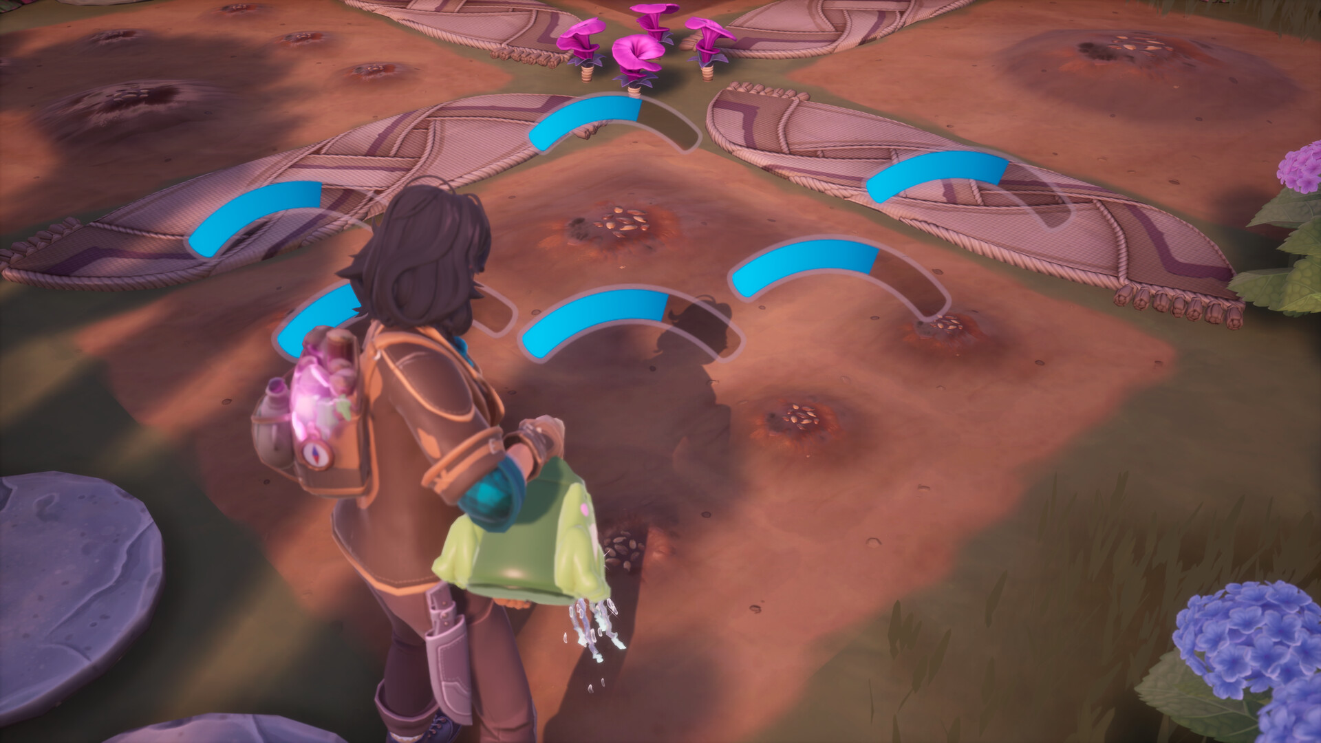 Palia player watering crops near farm house