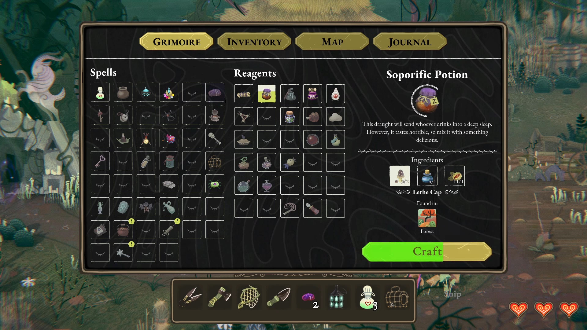 Wytchwood crafting grimoire open with potion ingredients