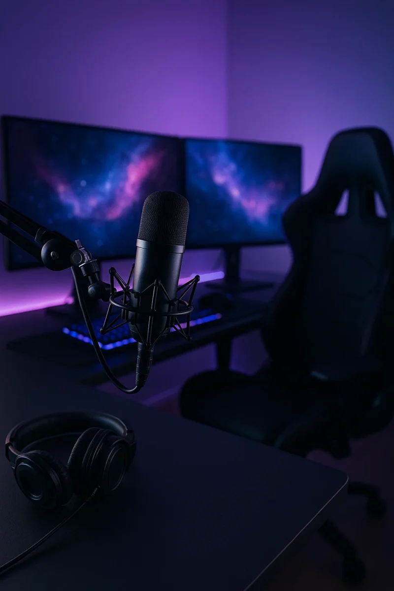 Modern streaming setup with a boom arm microphone, dual monitors, and RGB lighting